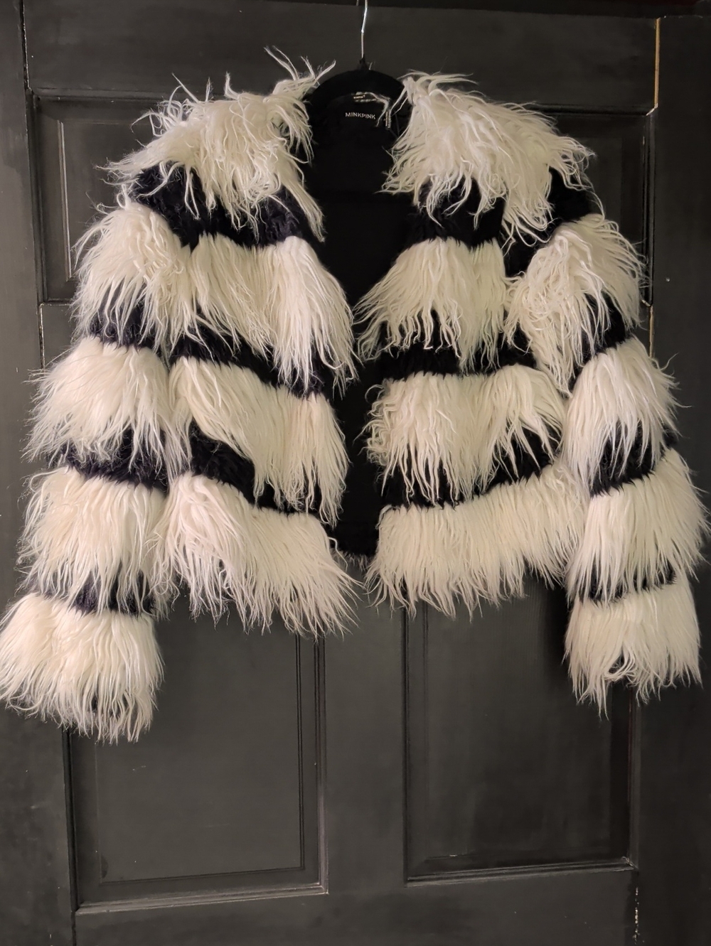 MINKPINK Black & White Faux Fur Striped Cropped Jacket